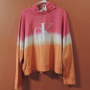 Calvin Klein Shirt Woman XX Large Red White Orange Crop Top Hooded Sweatshirt